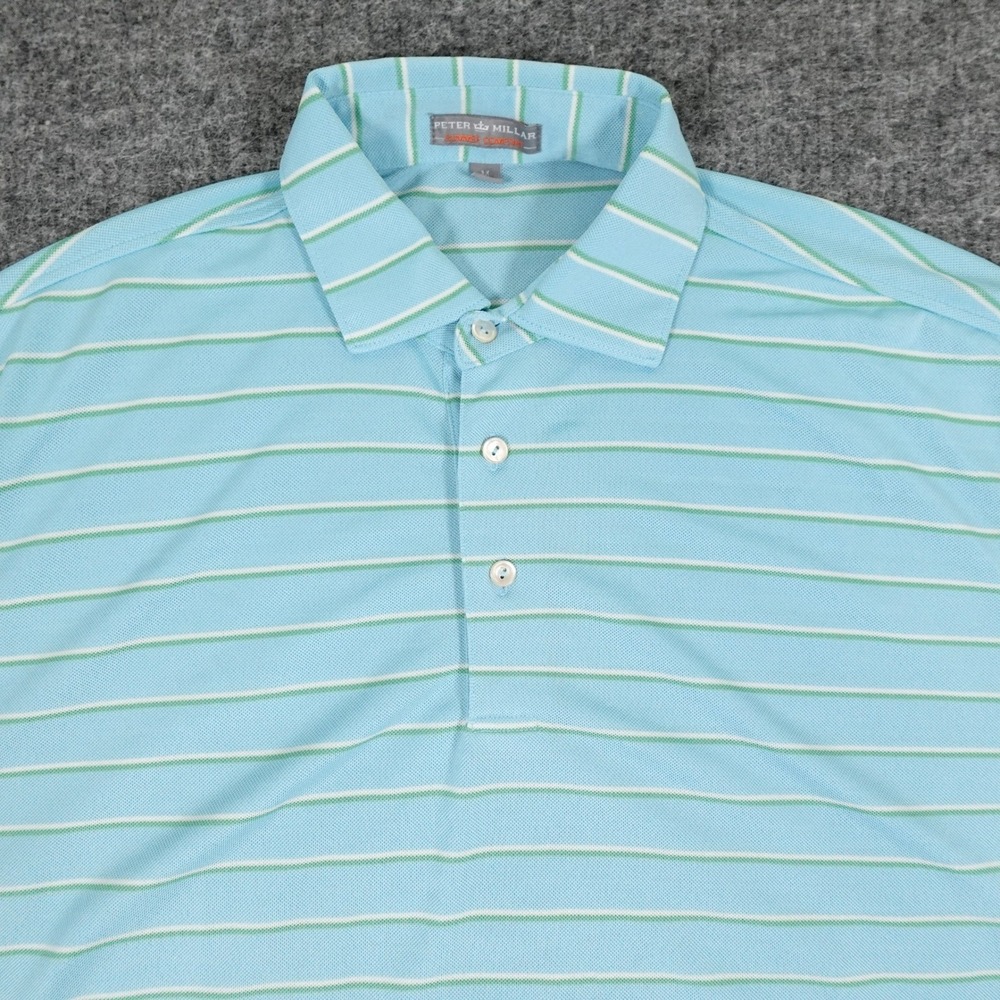 Peter Millar Summer Comfort Polo Shirt Mens Medium Blue Stripe ROCC‎ Golf Logo